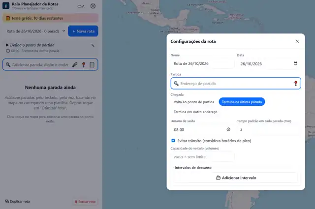 Tela do Raio Planejador de Rotas com as configurações da rota